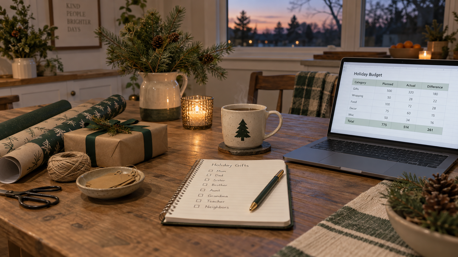 Holiday gift list and budget spreadsheet on a kitchen table